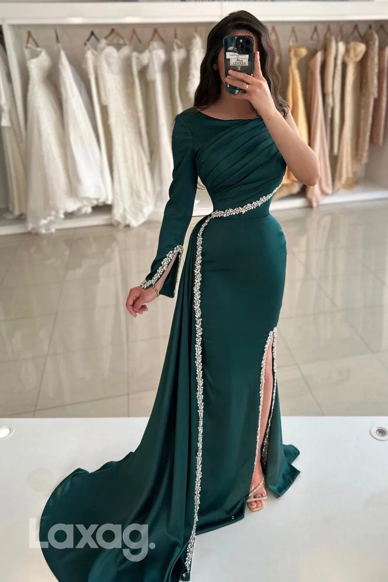 14709 - Chic Bateau Ruched Side Slit Long Sleeves Formal Evening Gowns
