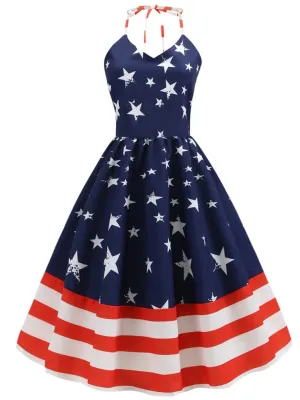 1950s American Flag Stars Stripe Halter Dress