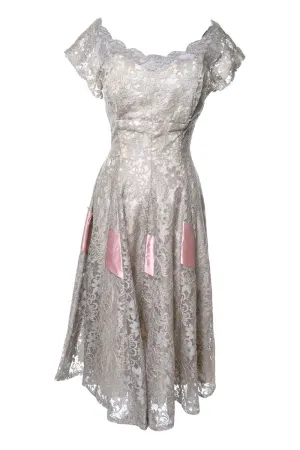 1950's Taupe Illusion Lace Bodice With Nude Silk Lining and Pink Ribbon Details Size 6