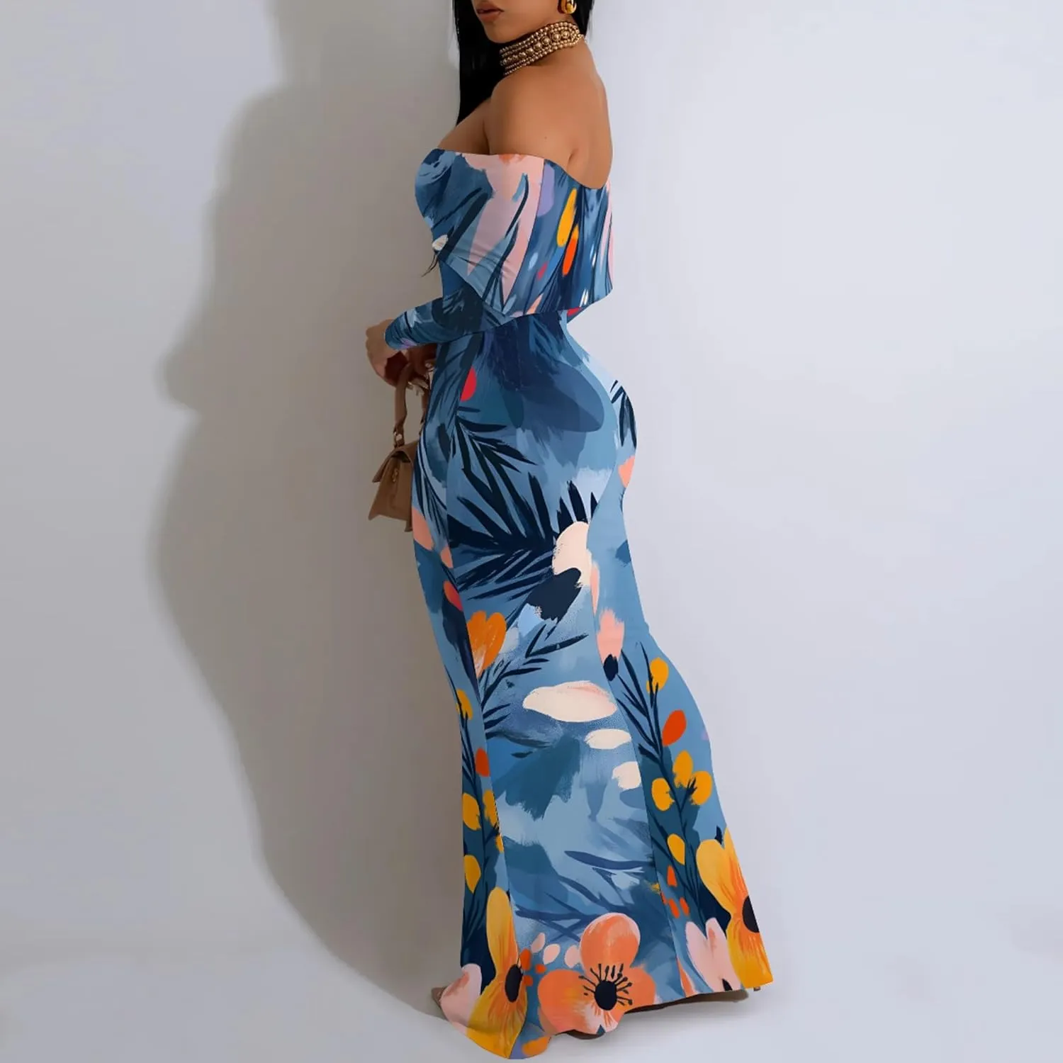 2024 Women's Casual Dress Tie Dye Sexy Maxi Off The Shoulder Long Sleeve Bodycon Backless Wrap Dresses