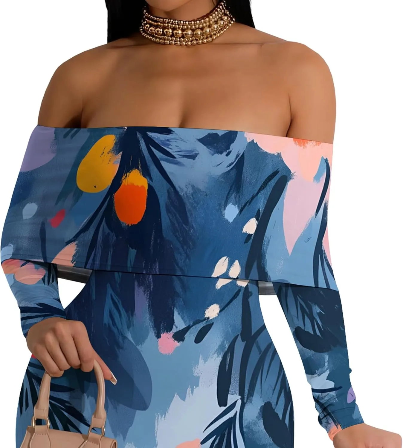 2024 Women's Casual Dress Tie Dye Sexy Maxi Off The Shoulder Long Sleeve Bodycon Backless Wrap Dresses