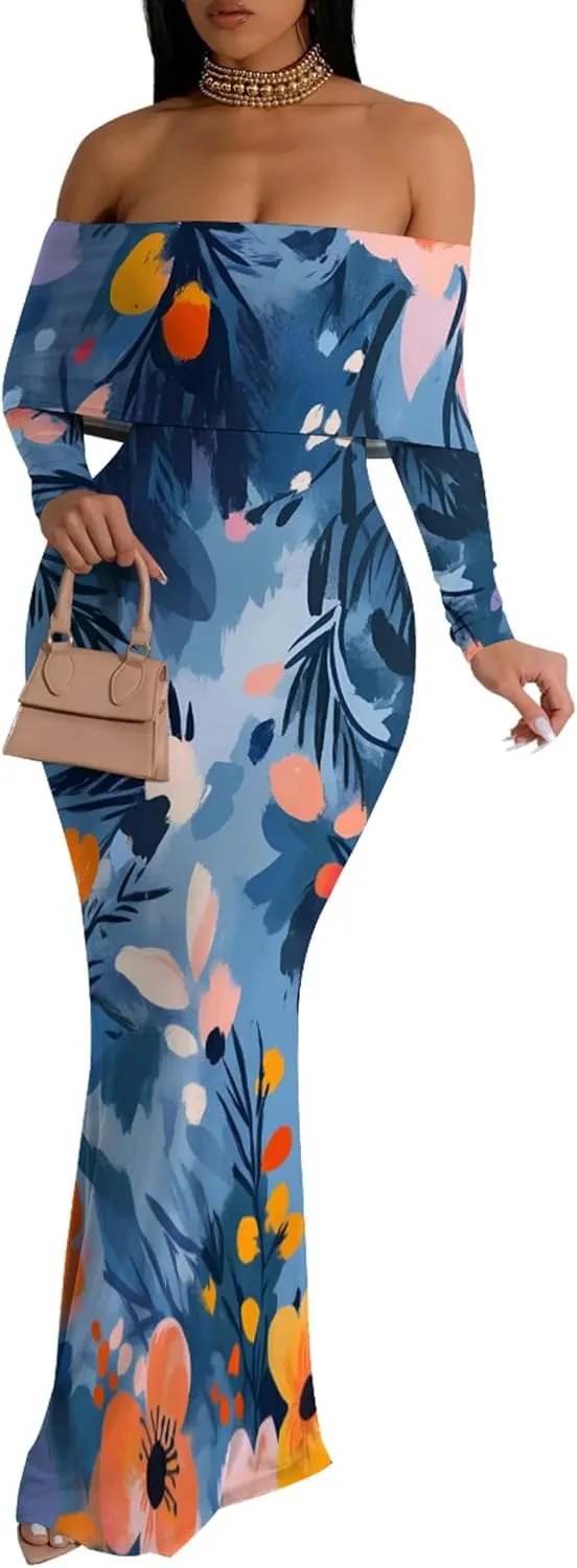 2024 Women's Casual Dress Tie Dye Sexy Maxi Off The Shoulder Long Sleeve Bodycon Backless Wrap Dresses