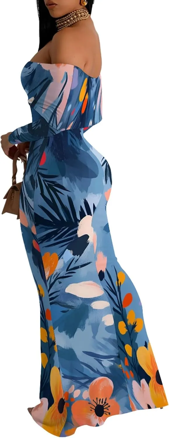 2024 Women's Casual Dress Tie Dye Sexy Maxi Off The Shoulder Long Sleeve Bodycon Backless Wrap Dresses
