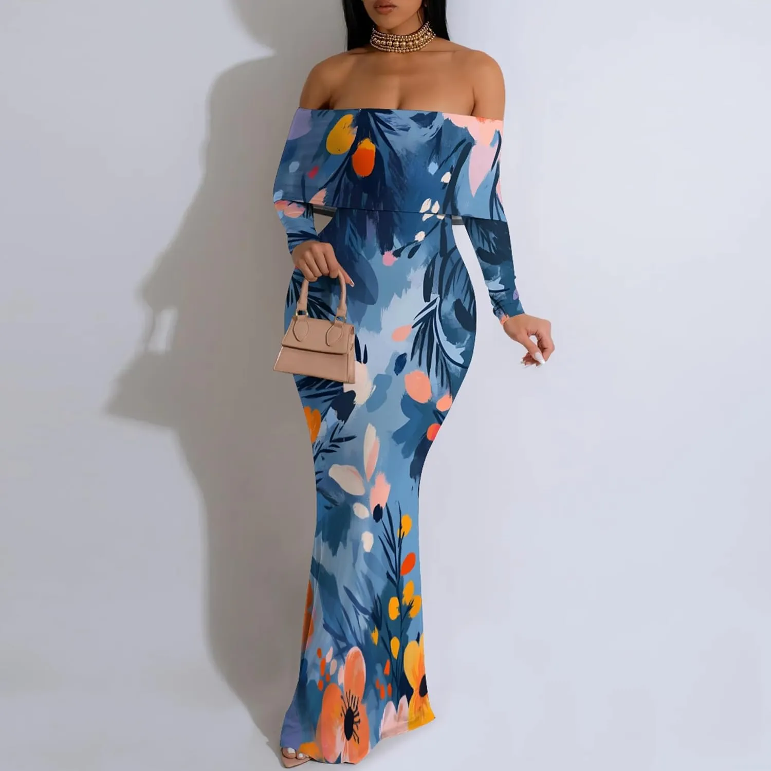 2024 Women's Casual Dress Tie Dye Sexy Maxi Off The Shoulder Long Sleeve Bodycon Backless Wrap Dresses