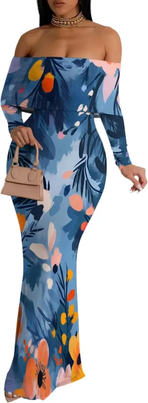 2024 Women's Casual Dress Tie Dye Sexy Maxi Off The Shoulder Long Sleeve Bodycon Backless Wrap Dresses