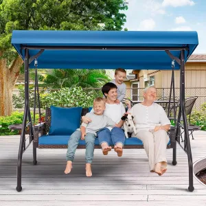 3-Person Outdoor Wicker Porch Swing with Adjustable Canopy Back Yard Blue