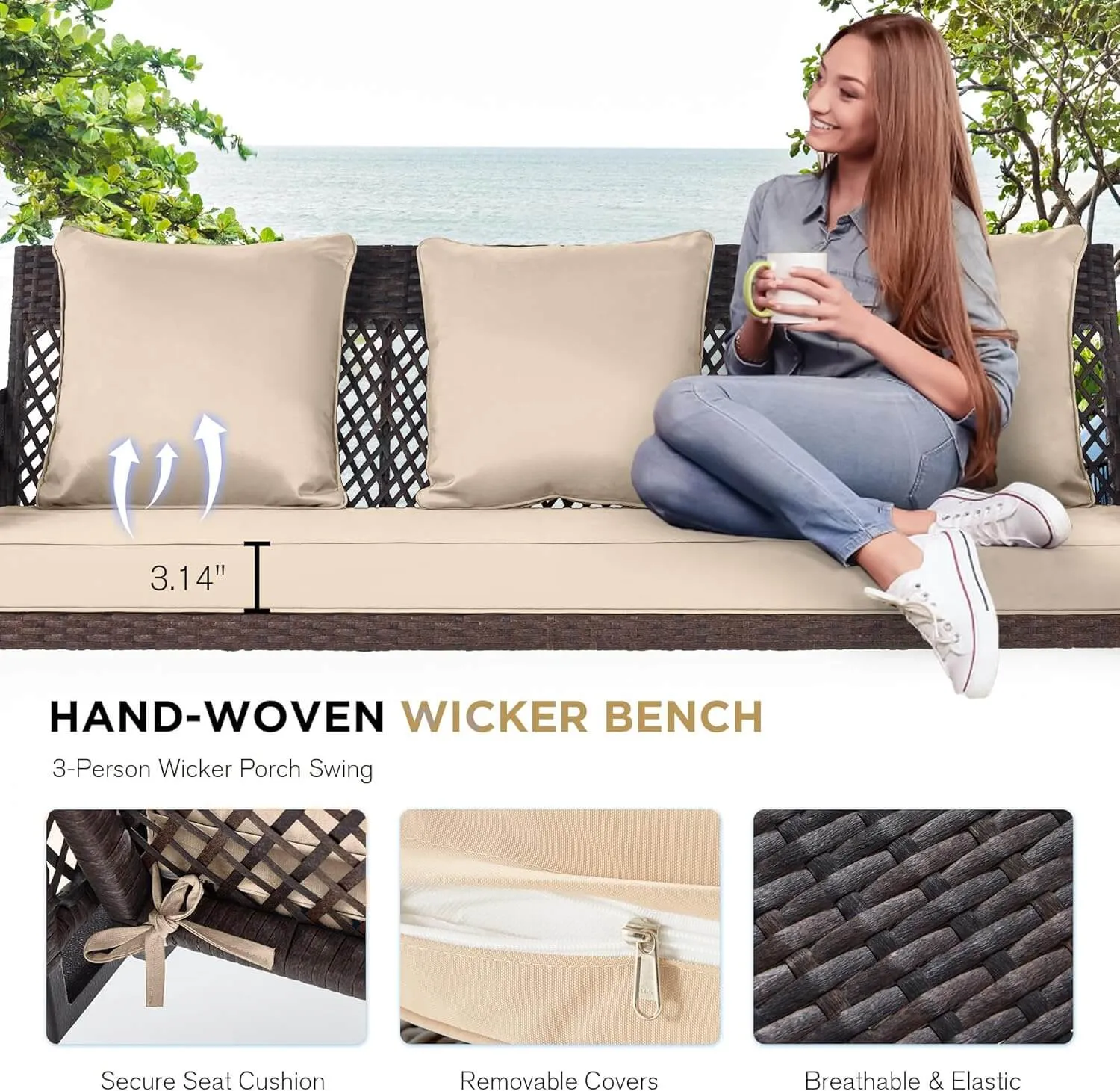 3-Person Outdoor Wicker Porch Swing with Adjustable Canopy Back Yard Khaki