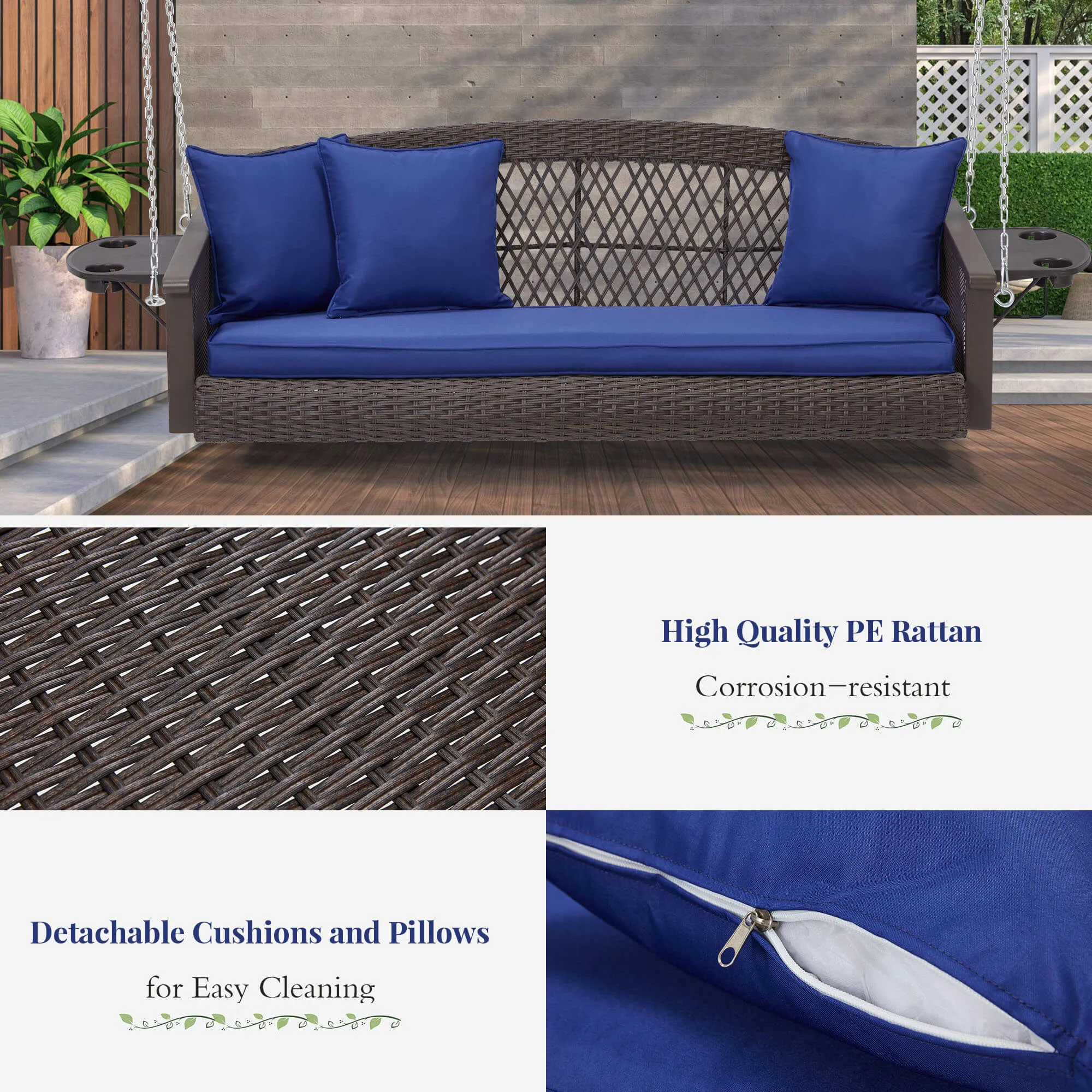 3-Seater Patio Hanging Swing Bed with Cup Holders and Cushions ,Navy Blue
