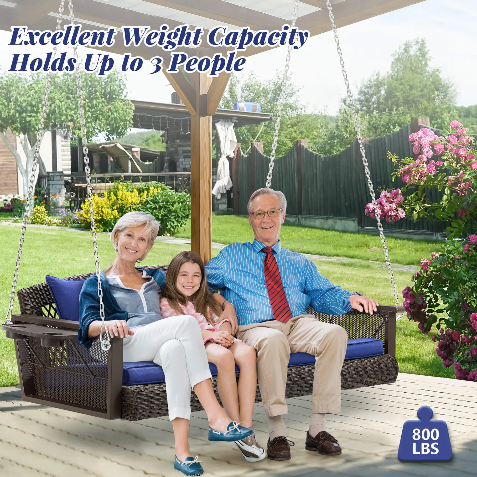 3-Seater Patio Hanging Swing Bed with Cup Holders and Cushions ,Navy Blue