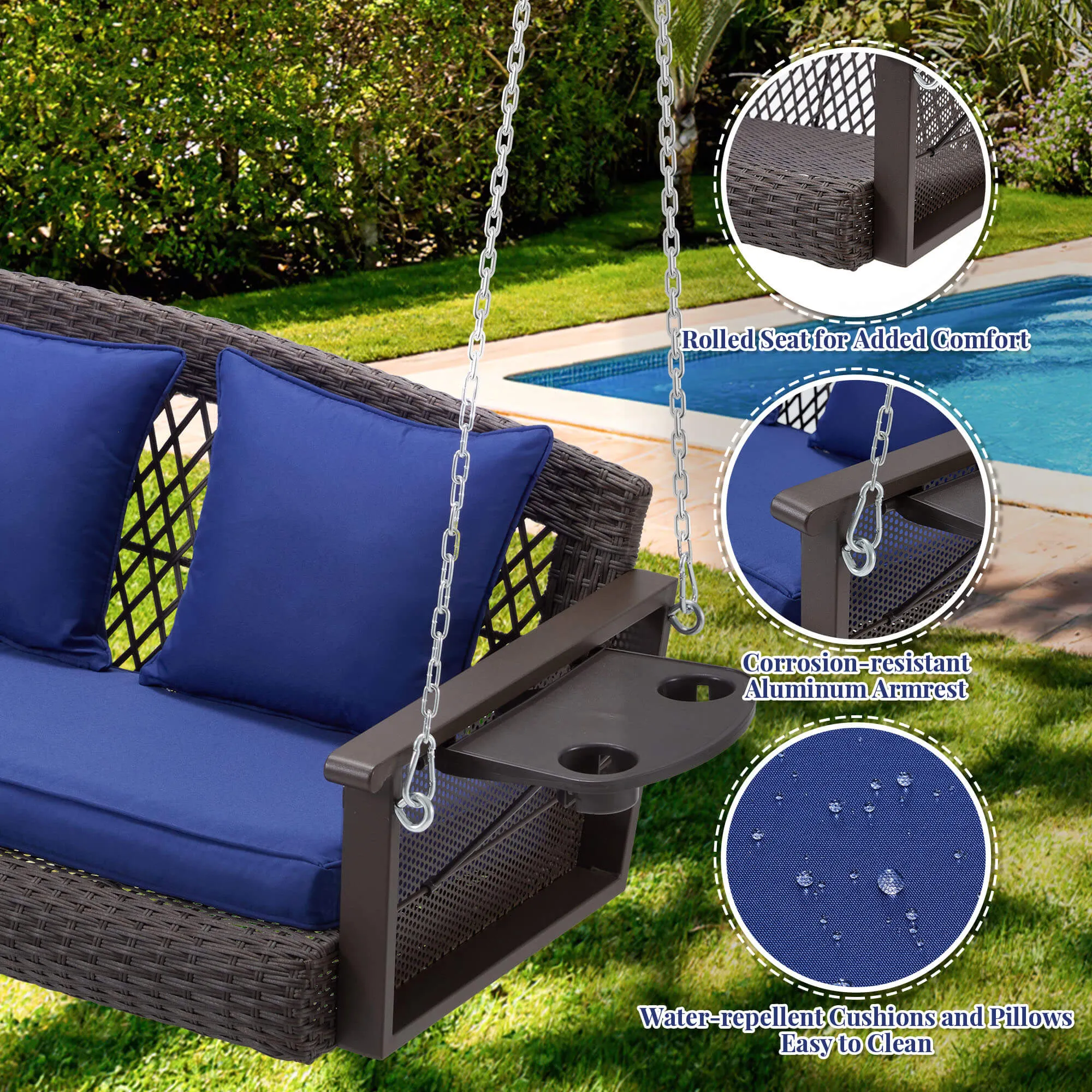 3-Seater Patio Hanging Swing Bed with Cup Holders and Cushions ,Navy Blue