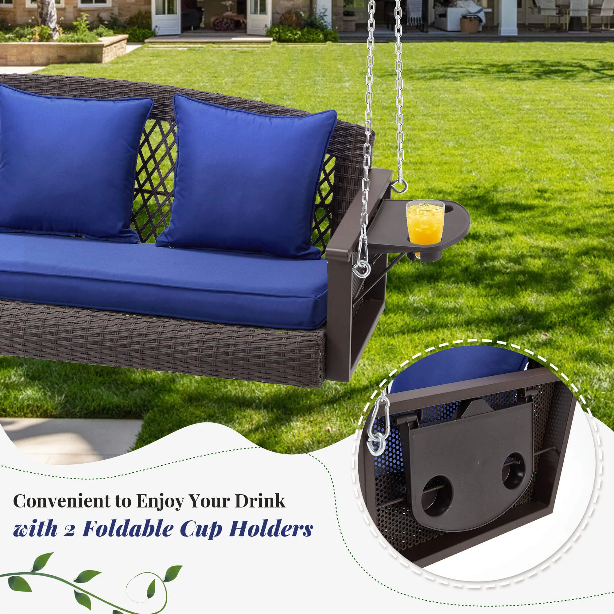 3-Seater Patio Hanging Swing Bed with Cup Holders and Cushions ,Navy Blue
