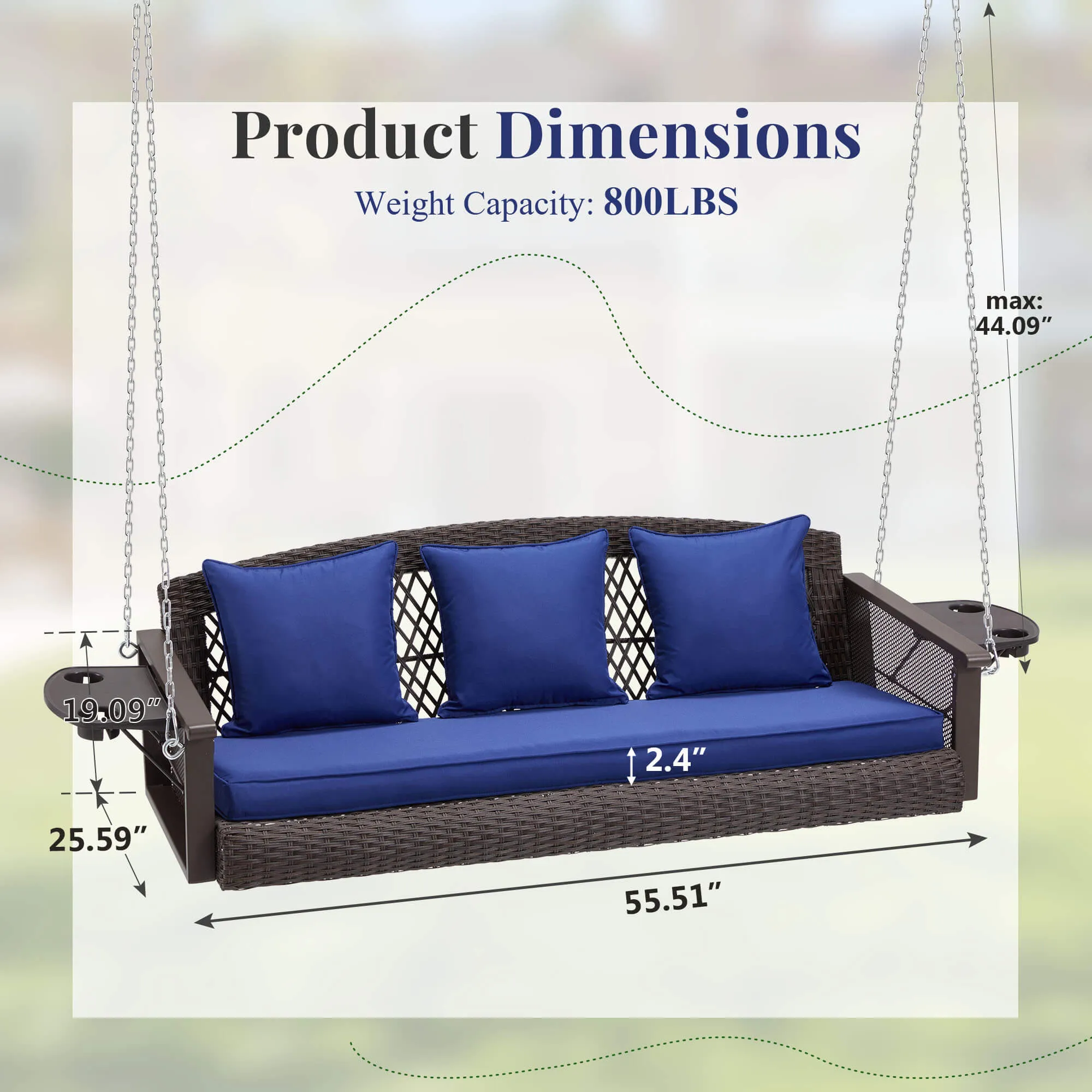 3-Seater Patio Hanging Swing Bed with Cup Holders and Cushions ,Navy Blue