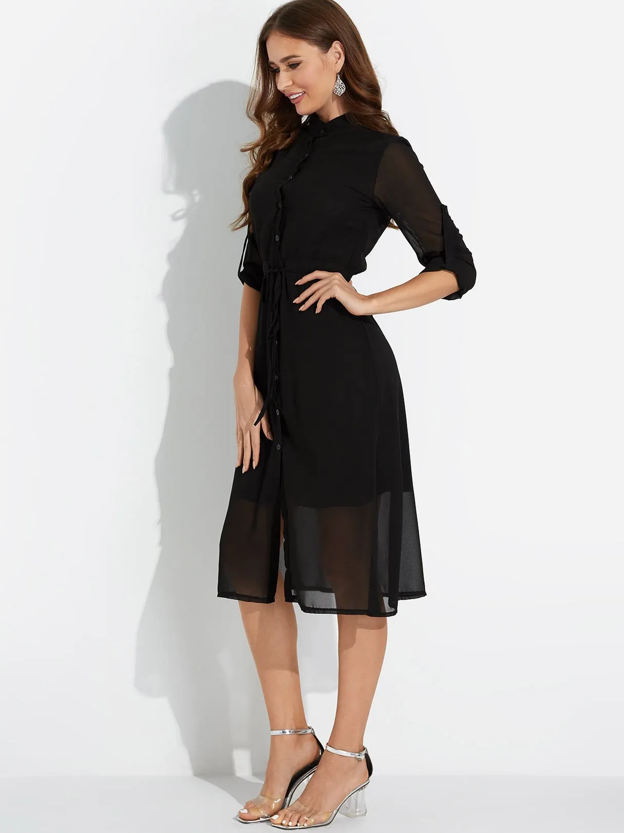 3/4 Length Sleeve Round Neck Midi Dress
