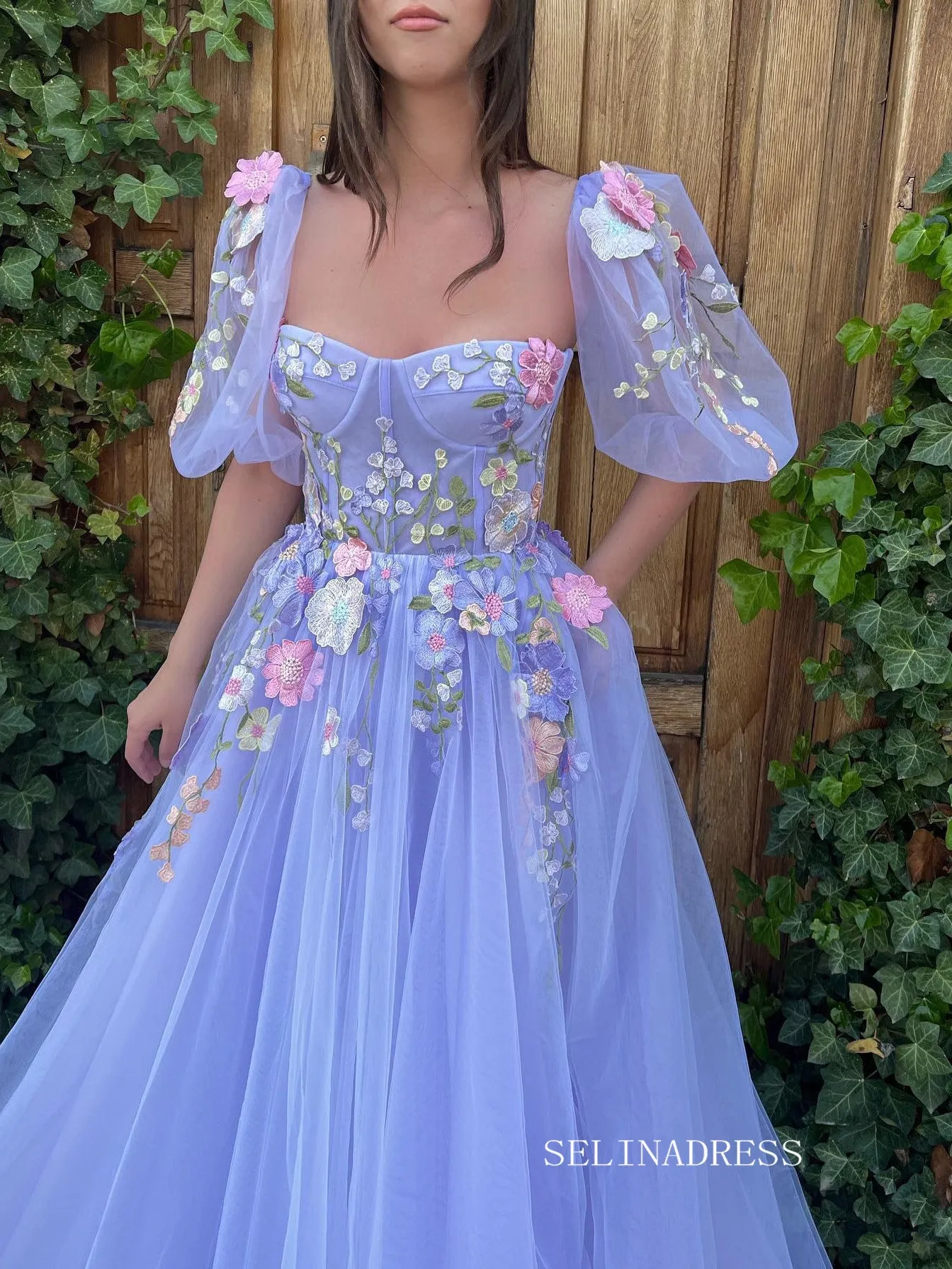 A-line Lavender Floral Long Prom Dresses Charming Evening Gowns SEW0851