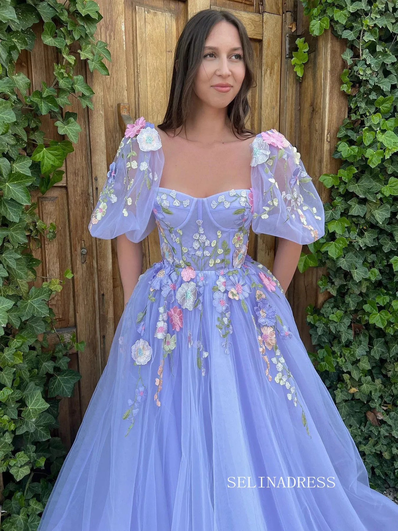 A-line Lavender Floral Long Prom Dresses Charming Evening Gowns SEW0851