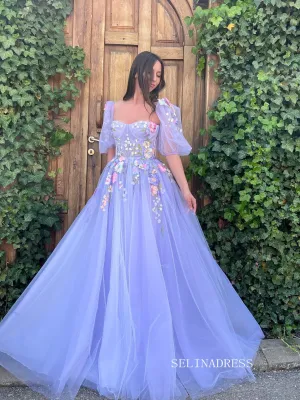 A-line Lavender Floral Long Prom Dresses Charming Evening Gowns SEW0851