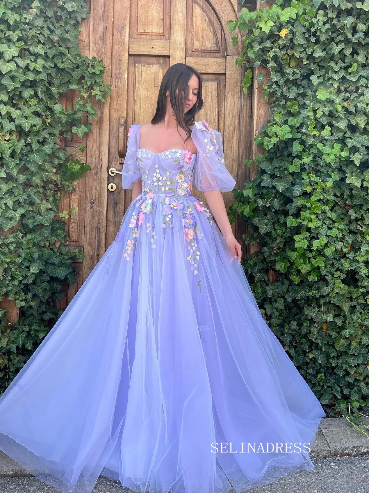 A-line Lavender Floral Long Prom Dresses Charming Evening Gowns SEW0851