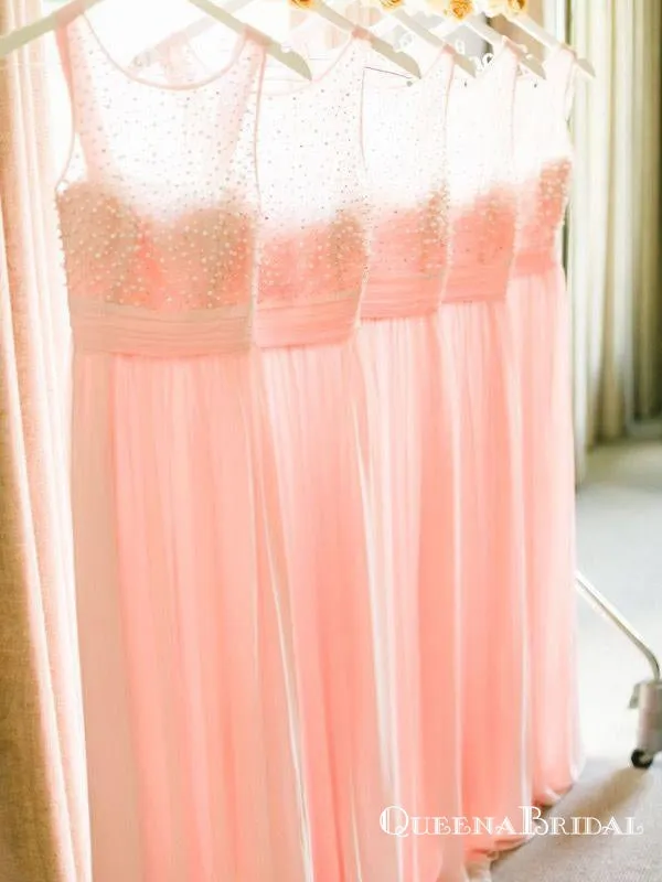 A-line Pearls Beaded Bodice Pink Chiffon Long Wedding Party Bridesmaid Dresses, QB0649