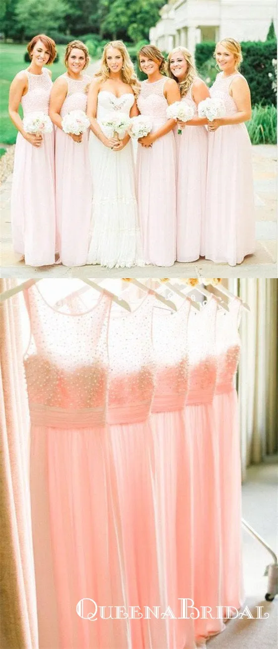 A-line Pearls Beaded Bodice Pink Chiffon Long Wedding Party Bridesmaid Dresses, QB0649