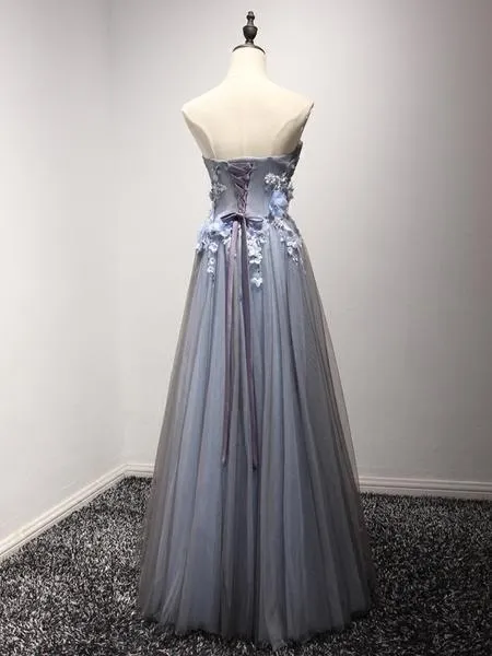 A-line Sweetheart Floor-Length Tulle Appliqued Beaded Prom Dresses ASD26778