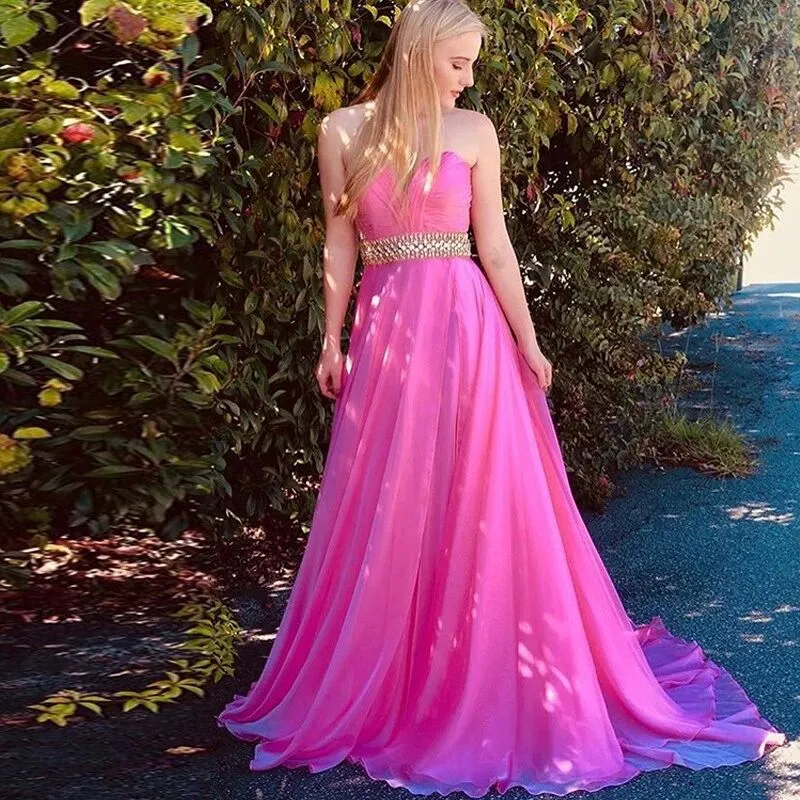 A-Line Sweetheart Sweep Train Fuchsia Chiffon Prom Dress with Beading Ruched PFP1573