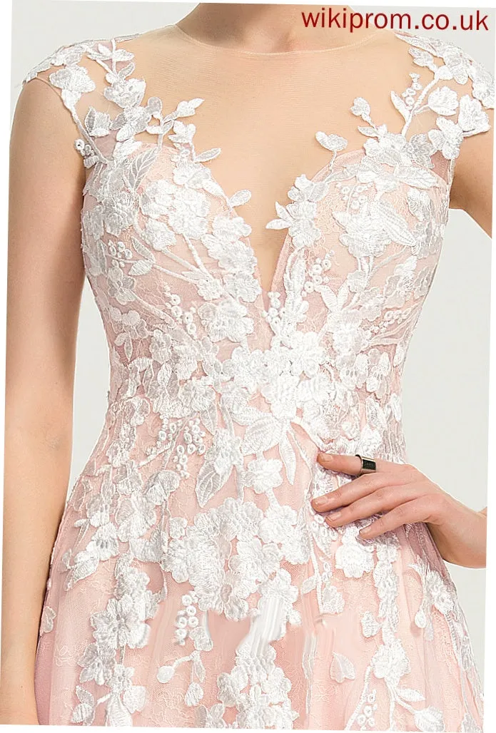 A-Line Wedding Dresses Tulle Sweep Train Hana Scoop Wedding Neck Dress Lace