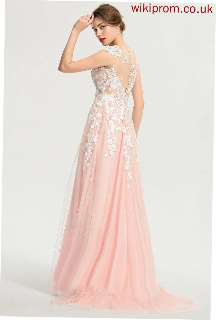 A-Line Wedding Dresses Tulle Sweep Train Hana Scoop Wedding Neck Dress Lace