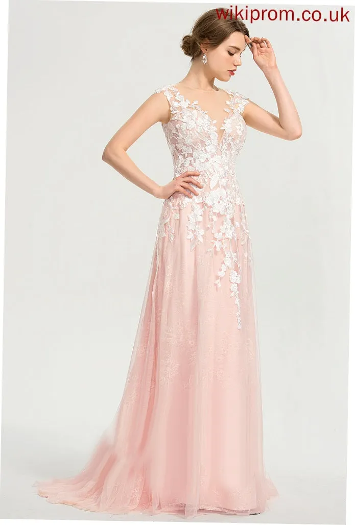 A-Line Wedding Dresses Tulle Sweep Train Hana Scoop Wedding Neck Dress Lace