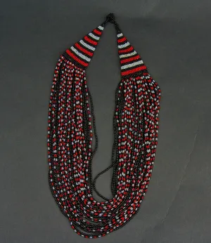 African Red, White, Black, Silver Beaded Cascade Necklace Tribal Design