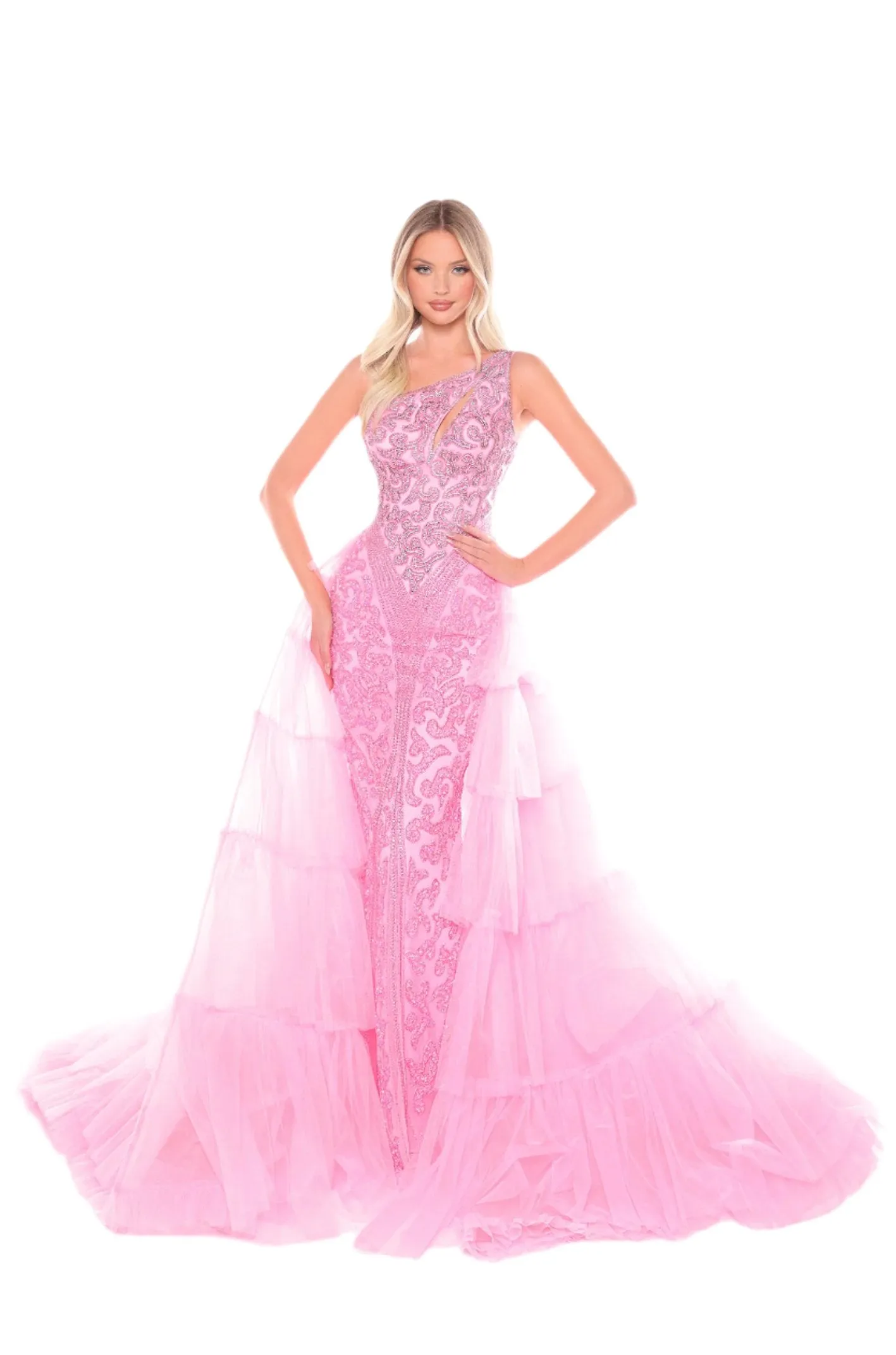 Amarra 88147 Beaded One Shoulder Pageant Dress Tier Overskirt Formal Gown Crystal Formal