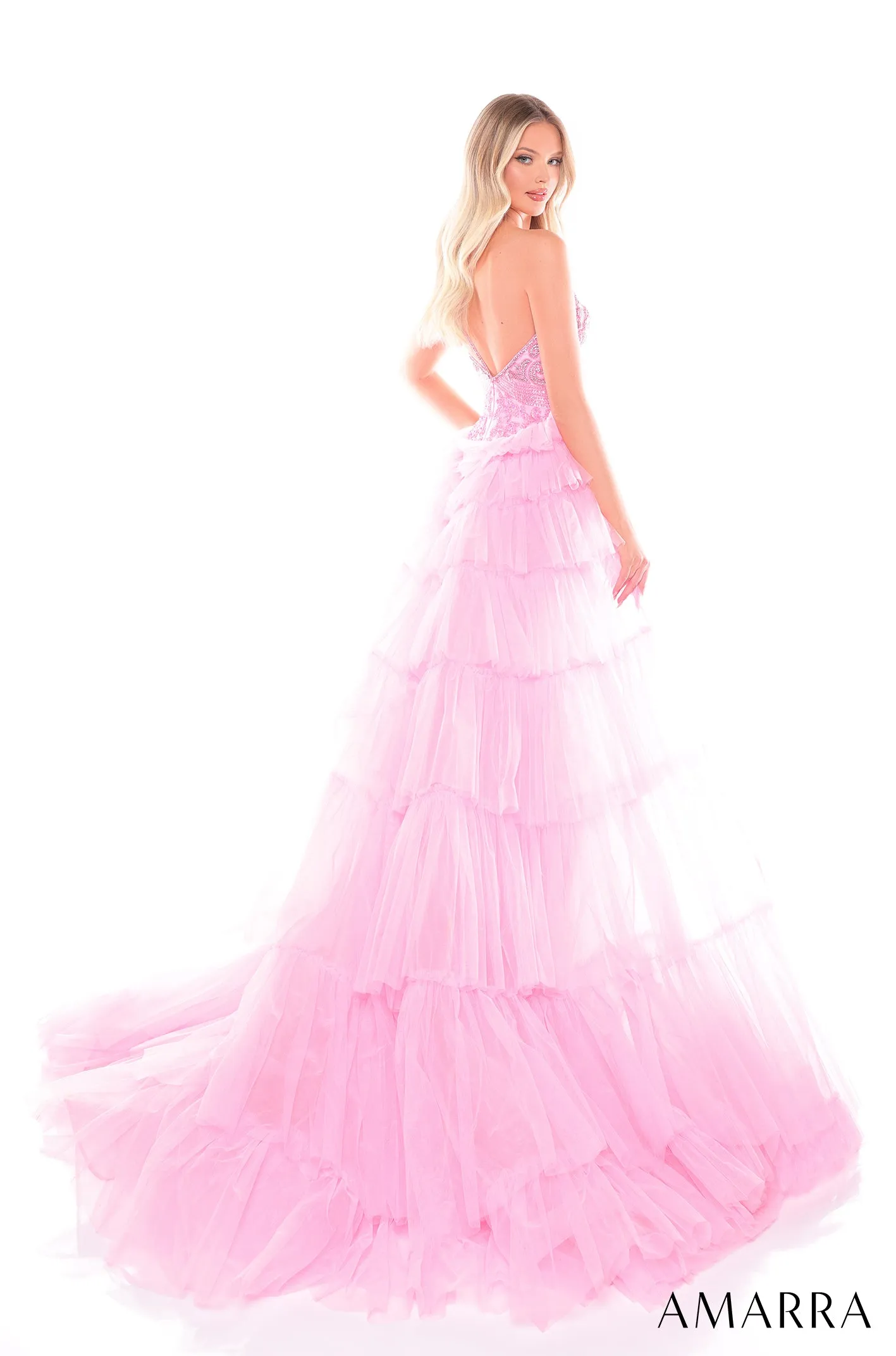 Amarra 88147 Beaded One Shoulder Pageant Dress Tier Overskirt Formal Gown Crystal Formal
