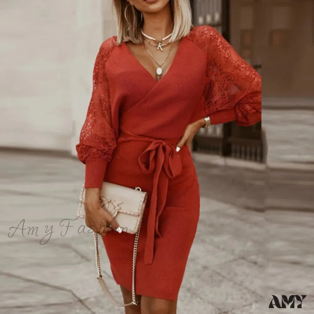Amy Fashion - Elegant V Neck Lace Patchwork Ladies Dresses