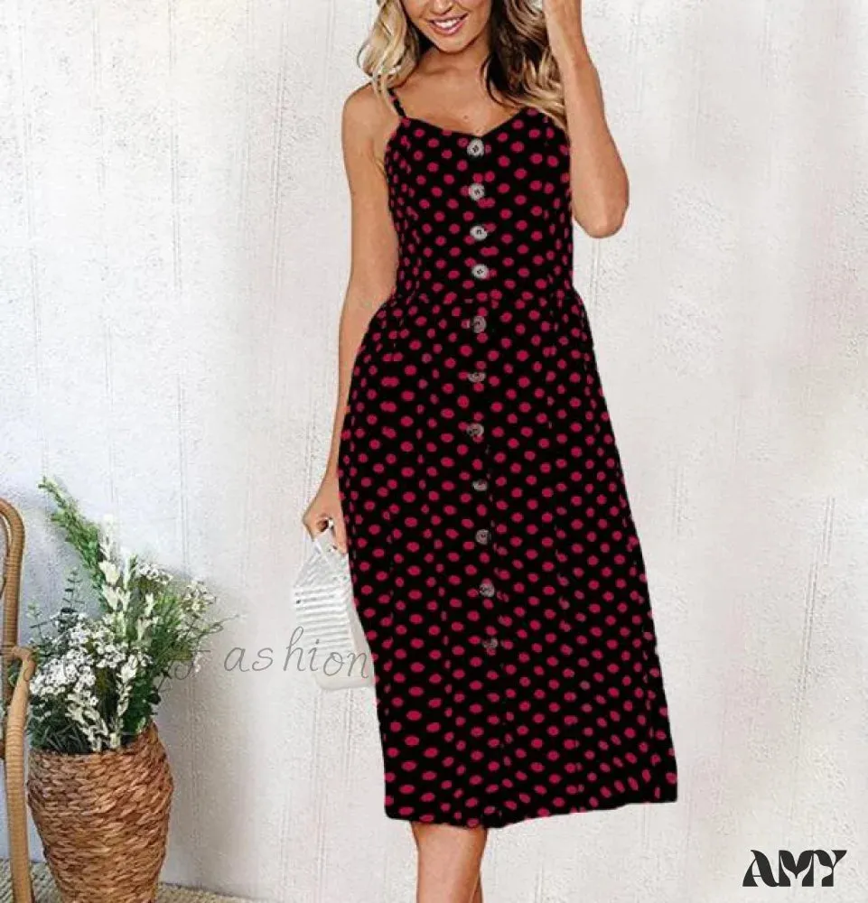 Amy Fashion - Midi Button Backless Polka Dot Striped Dress