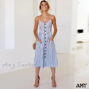 Amy Fashion - Midi Button Backless Polka Dot Striped Dress