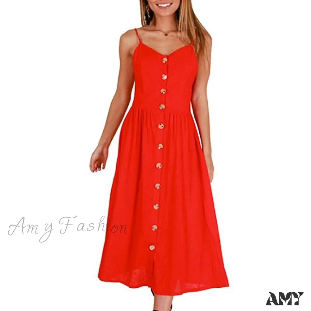 Amy Fashion - Midi Button Backless Polka Dot Striped Dress