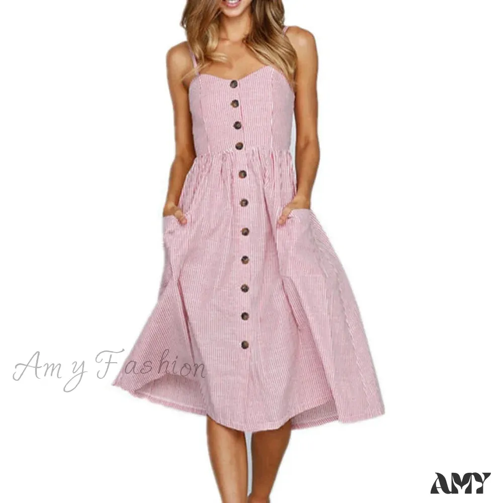 Amy Fashion - Midi Button Backless Polka Dot Striped Dress
