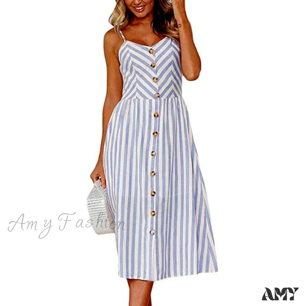Amy Fashion - Midi Button Backless Polka Dot Striped Dress