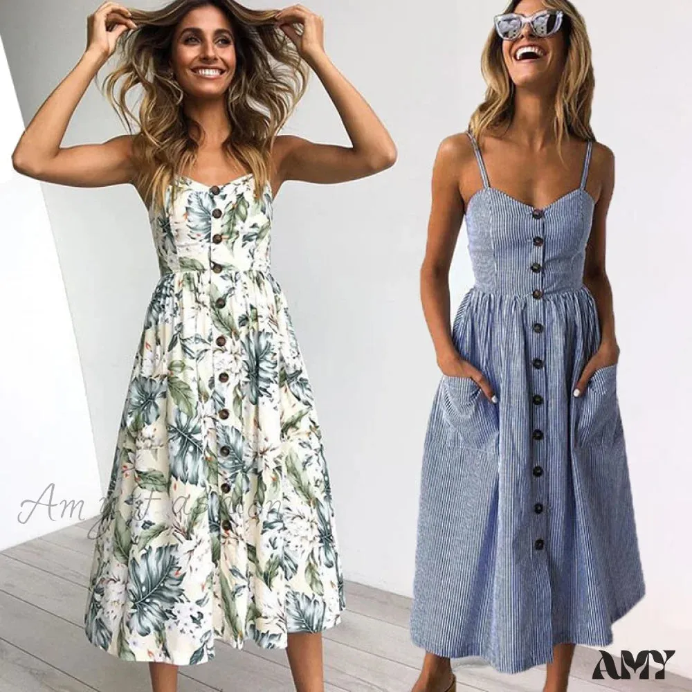 Amy Fashion - Midi Button Backless Polka Dot Striped Dress
