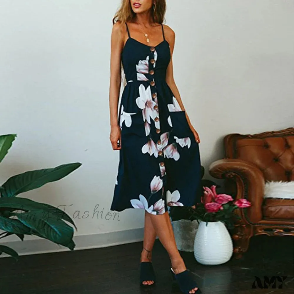 Amy Fashion - Midi Button Backless Polka Dot Striped Dress