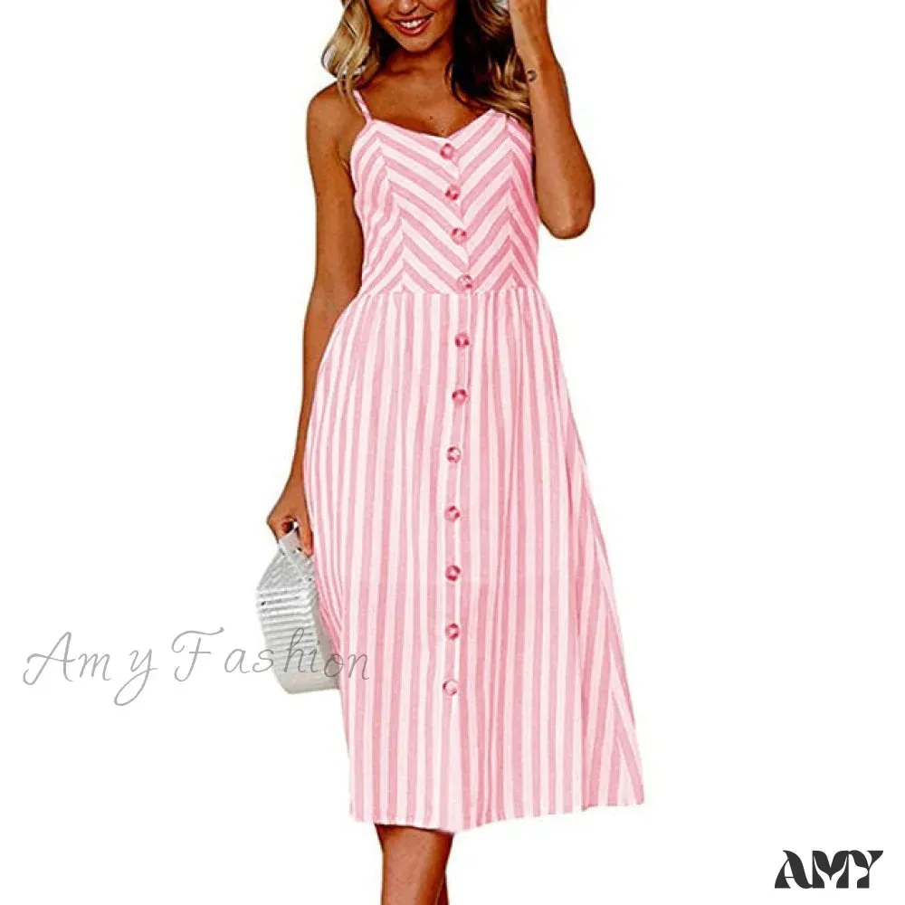Amy Fashion - Midi Button Backless Polka Dot Striped Dress