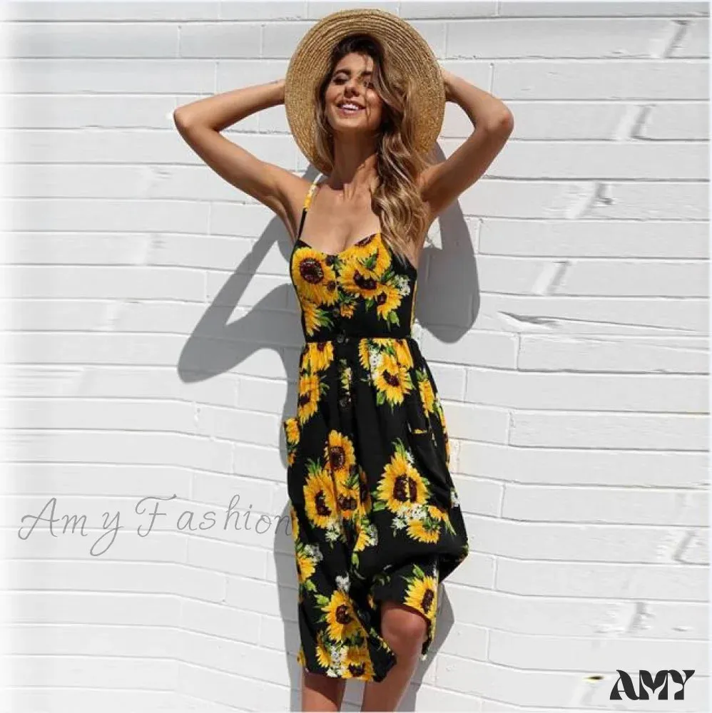 Amy Fashion - Midi Button Backless Polka Dot Striped Dress