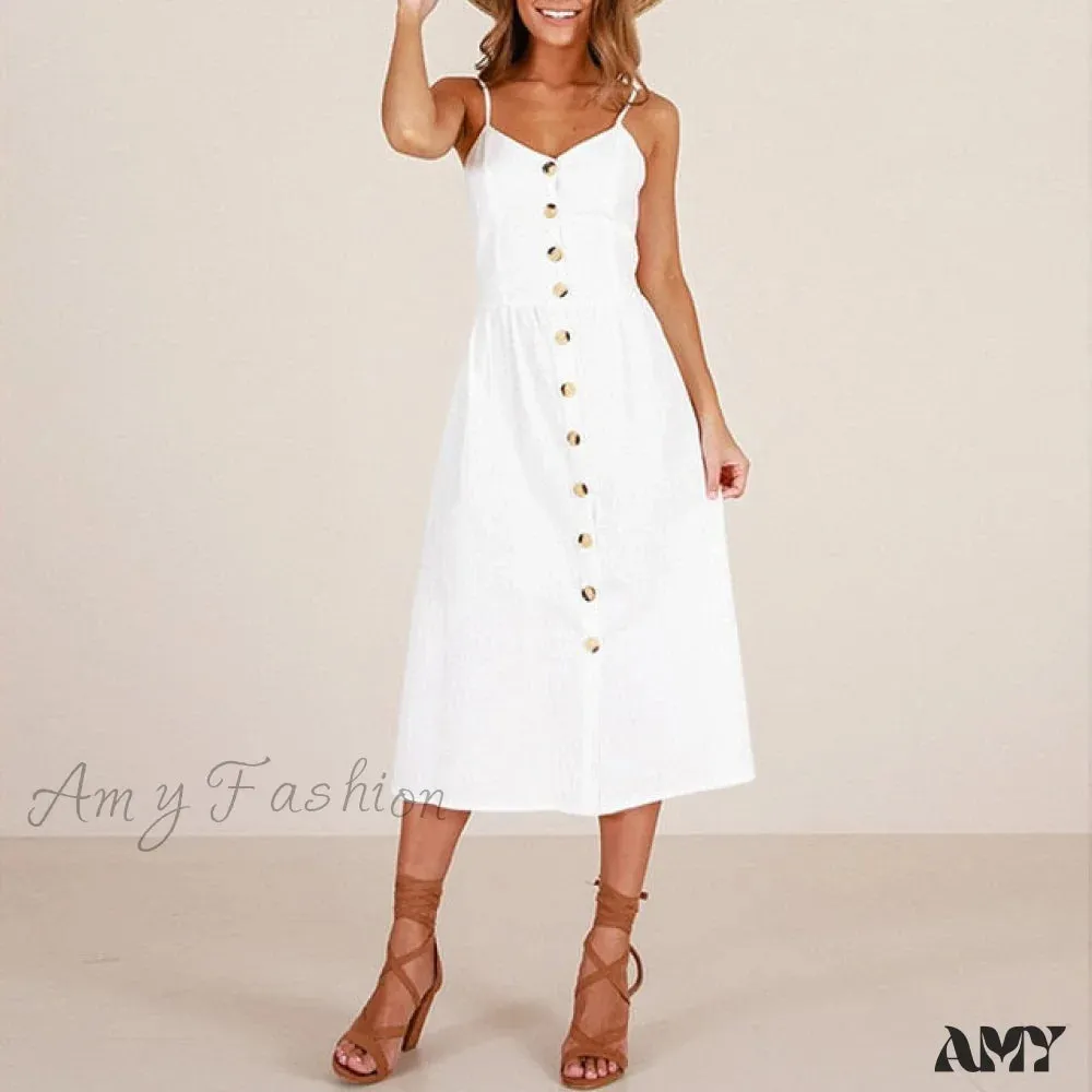 Amy Fashion - Midi Button Backless Polka Dot Striped Dress