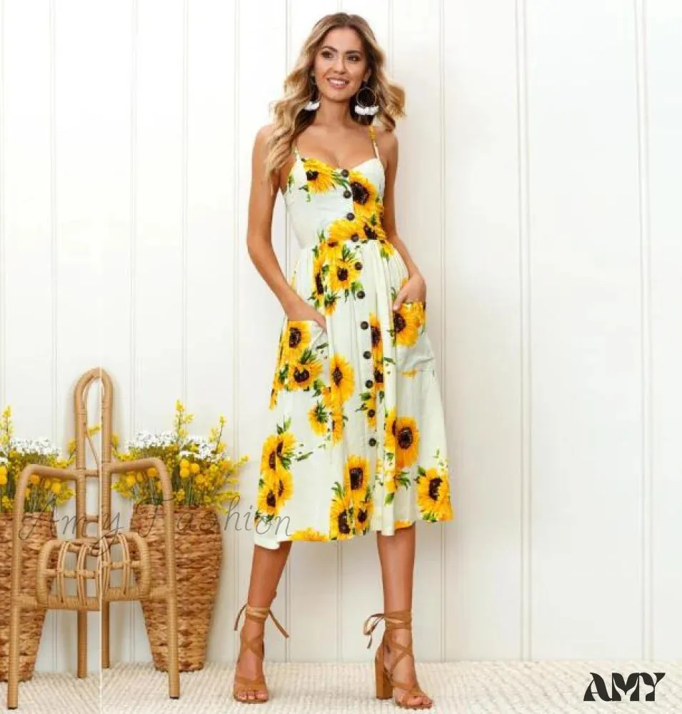 Amy Fashion - Midi Button Backless Polka Dot Striped Dress
