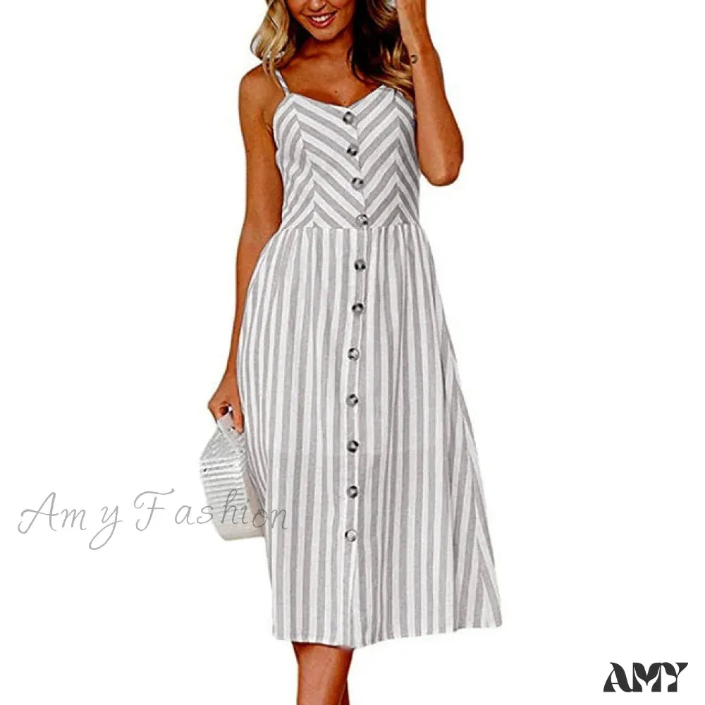 Amy Fashion - Midi Button Backless Polka Dot Striped Dress