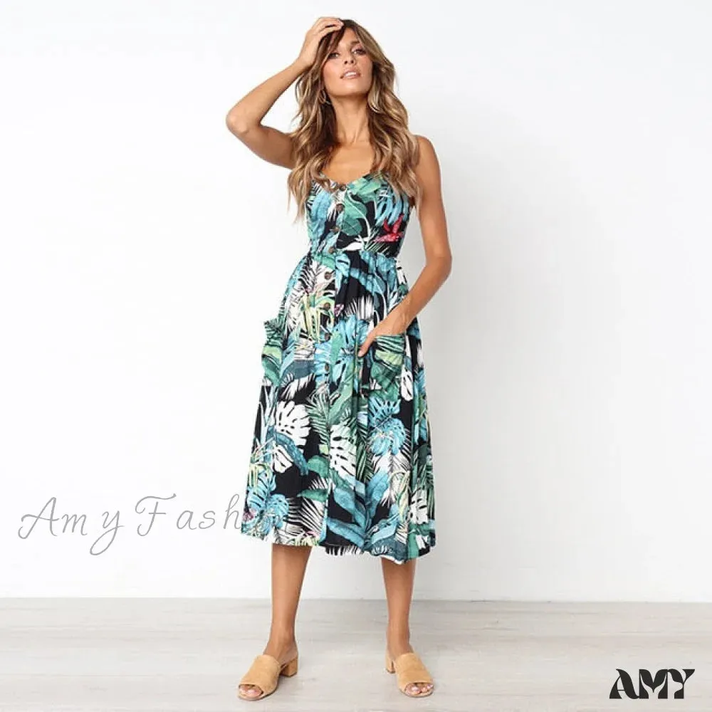 Amy Fashion - Midi Button Backless Polka Dot Striped Dress