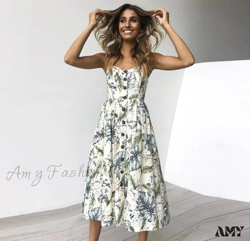 Amy Fashion - Midi Button Backless Polka Dot Striped Dress