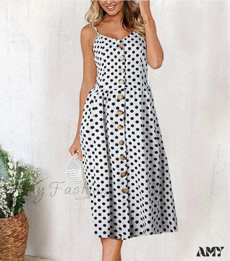 Amy Fashion - Midi Button Backless Polka Dot Striped Dress