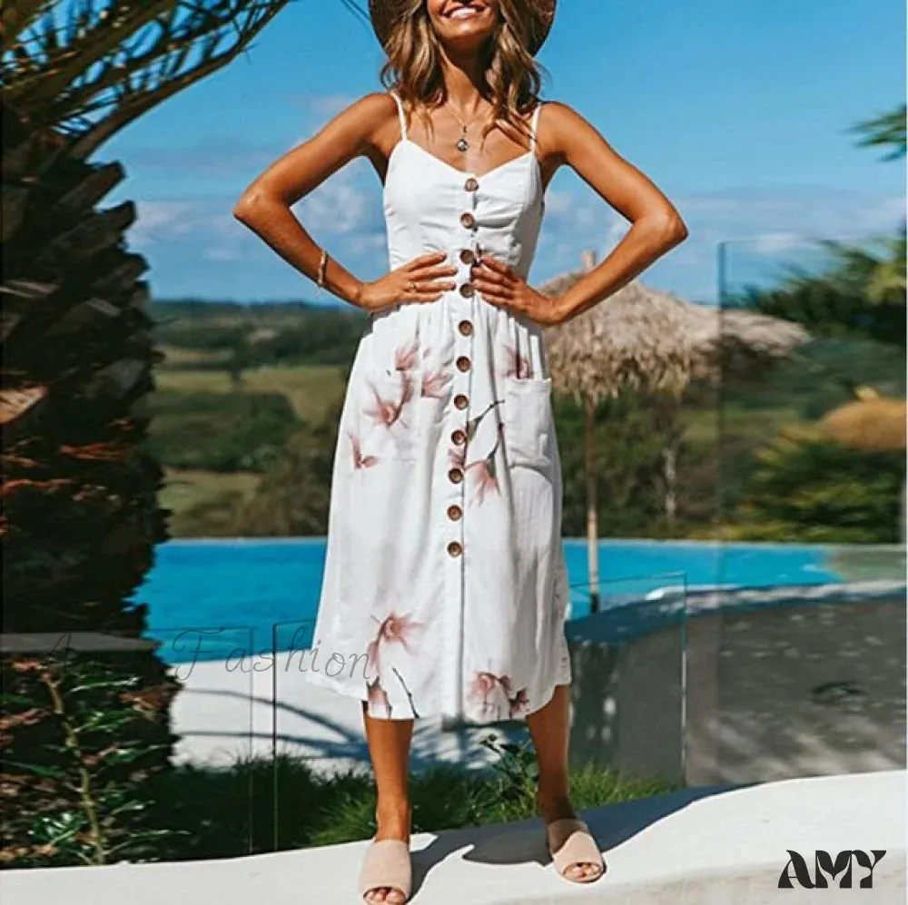 Amy Fashion - Midi Button Backless Polka Dot Striped Dress