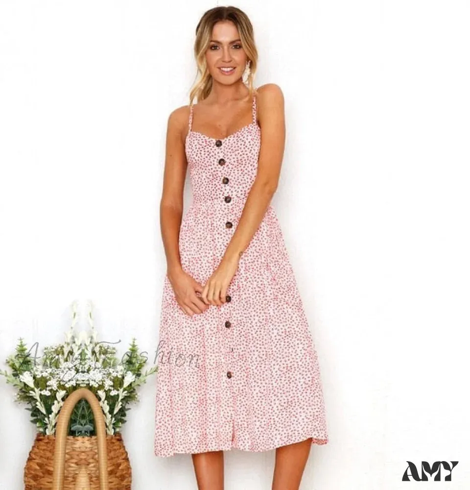Amy Fashion - Midi Button Backless Polka Dot Striped Dress
