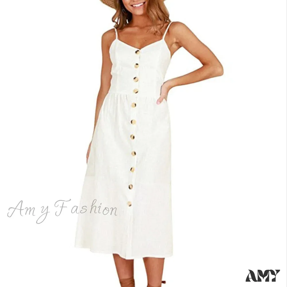 Amy Fashion - Midi Button Backless Polka Dot Striped Dress